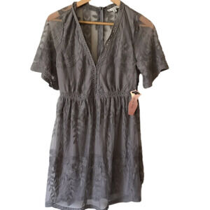 Haute Monde lace overlay, grey, bohemian mid length dress.  Size small. New.